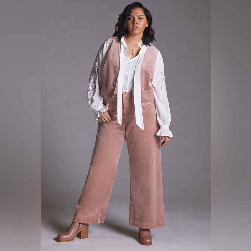NWT Anthropologie Corduroy Pink Pant Suit Set Vest